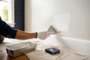 A person wearing a glove uses a putty knife to apply joint compound to a patch on a wall, a common task performed by professional Camden County painters.
