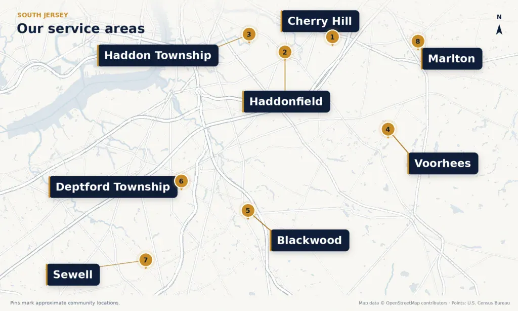 Map of South Jersey service areas showing numbered locations for Cherry Hill, Haddon Township, Haddonfield, Marlton, Voorhees, Deptford Township, Blackwood, and Sewell, highlighting our Camden County painters and Gloucester County painting reach.